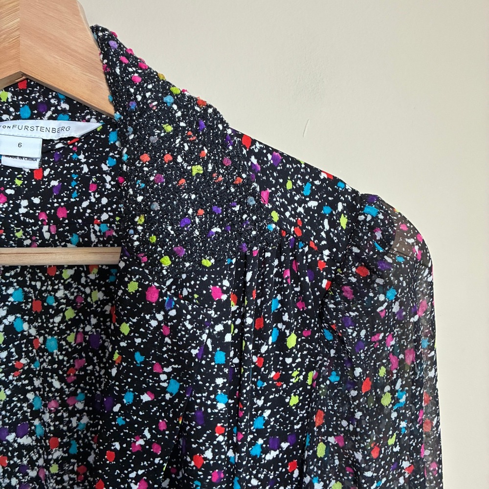 Diane von Furstenberg Silk Paint Splatter Wrap Dress 6 Black Multicolor Womens - Picture 5 of 14